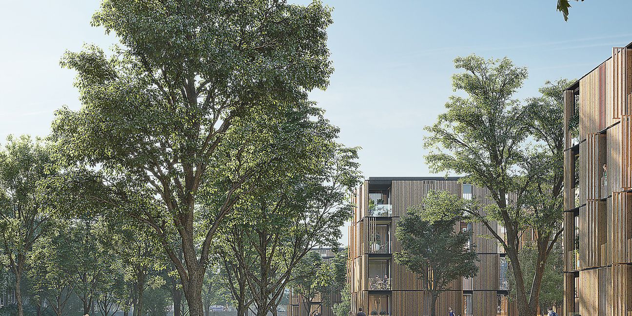 Wohnen und leben in Bachnähe: So stellen sich die Planer die Wohnbebauung im künftigen Goldbach-Quartier vor.  Bilder: Werk Arkitekter