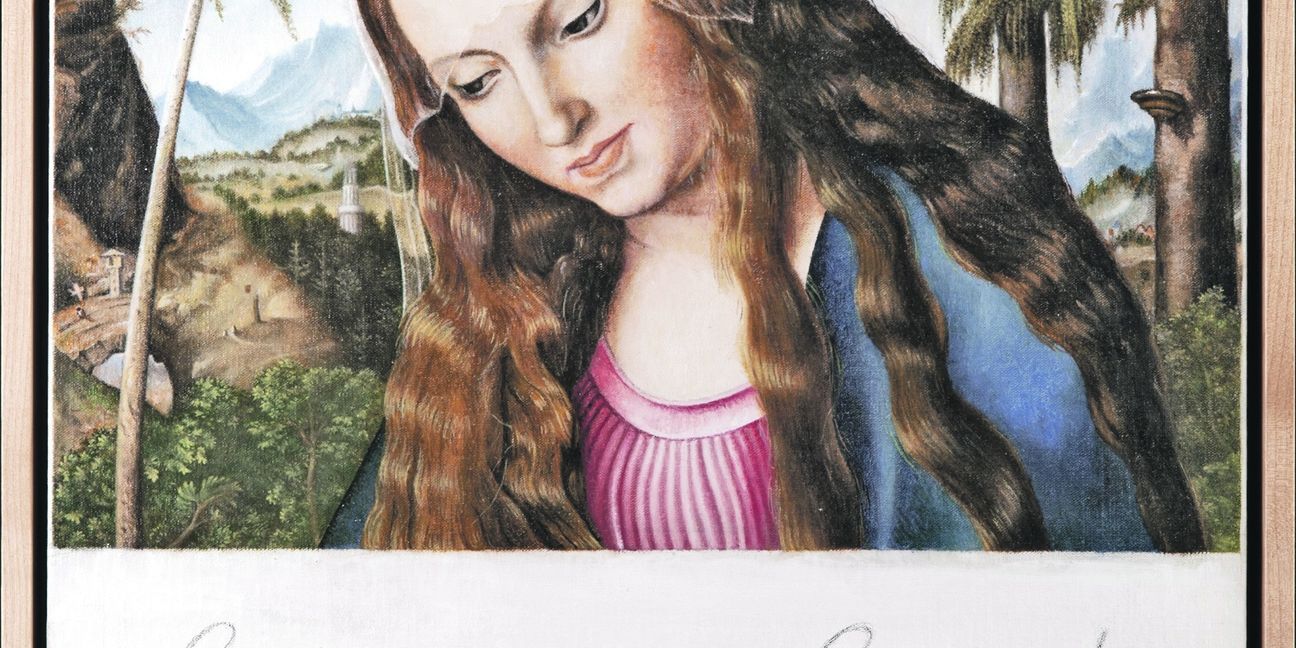 Das Bild „Madonna unter den Tannen – Ceci n’est pas un Cranach“ ist das einzige Originalgemälde in der Ausstellung, die Joachim Kupke am 20. Oktober in Kronach eröffnet. In der oberfränkischen Stadt ist der Maler, Grafiker und Buchdrucker Lucas Cranach der Ältere vermutlich um den 4. Oktober 1472 geboren. Reproduktion: Michael Frick/z