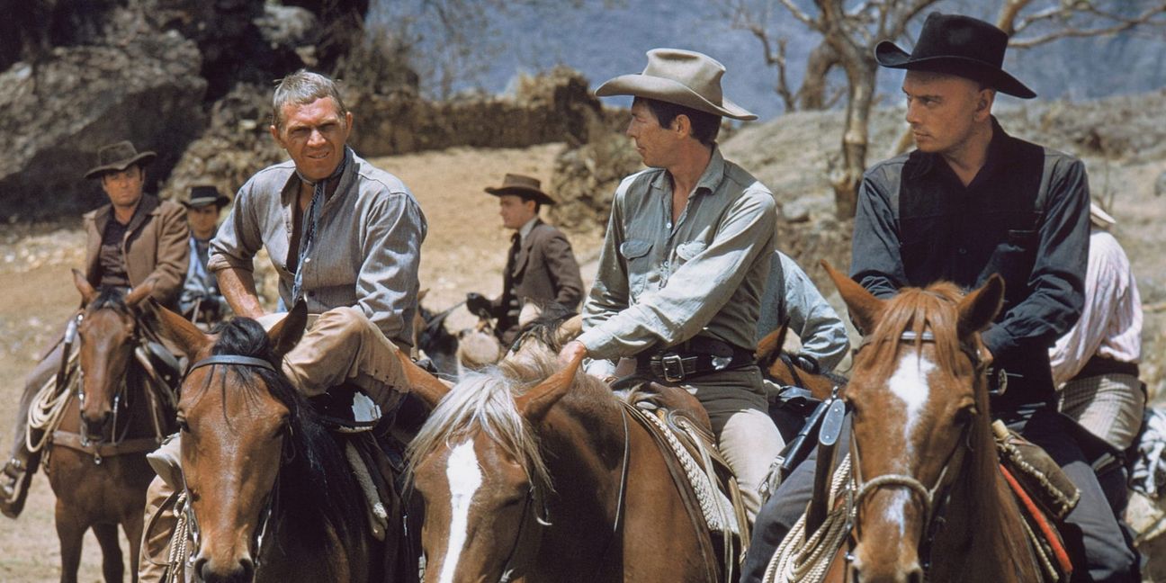 Steve McQueen, James Coburn und Yul Brynner in „Die glorreichen Sieben“.