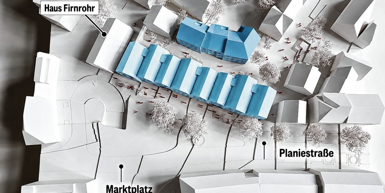 Das Siegermodell ist derzeit im Rathausfoyer zu sehen. Die SZ/BZ hat die potenziell neuen Gebäude farblich hervorgehoben. Sie begrenzen den ehemaligen Ferkelmarkt.