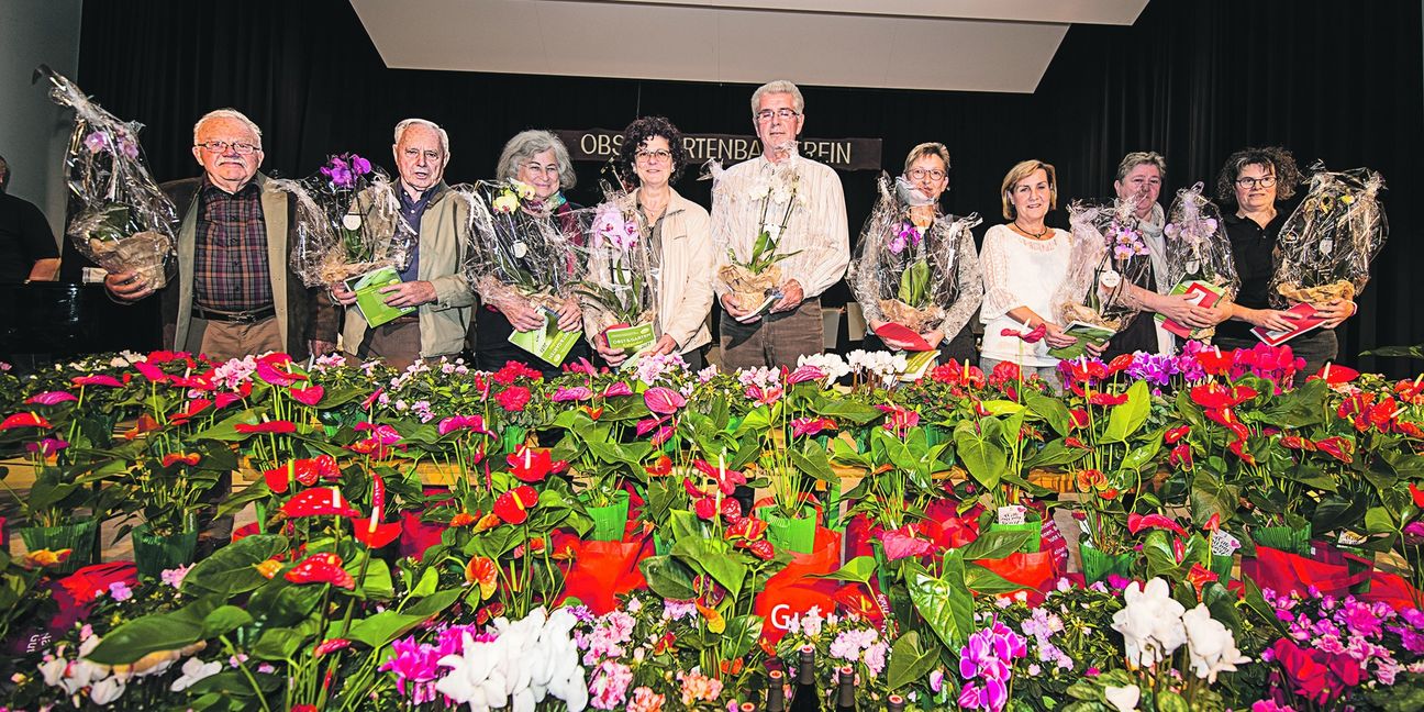 Das sind die Magstadter mit den schönsten Gärten. Sie wurden bei der Abschlussveranstaltung des Blumenschmuckwettbewerbes in der Festhalle mit Orchideen ausgezeichnet.  Bild: Richter