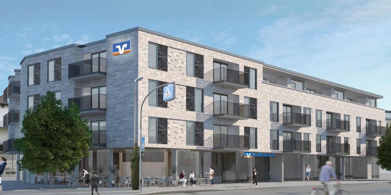 So soll das neue Wohn- und Geschäftshaus der Volksbank in der Bahnhofstraße Renningen einmal aussehen.      Bild: Volksbank