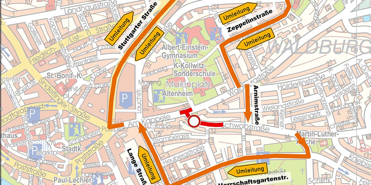 Diese Umleitungen gelten während der Sperrung des Böblinger Käppeles: Grafik: Stadt Böblingen